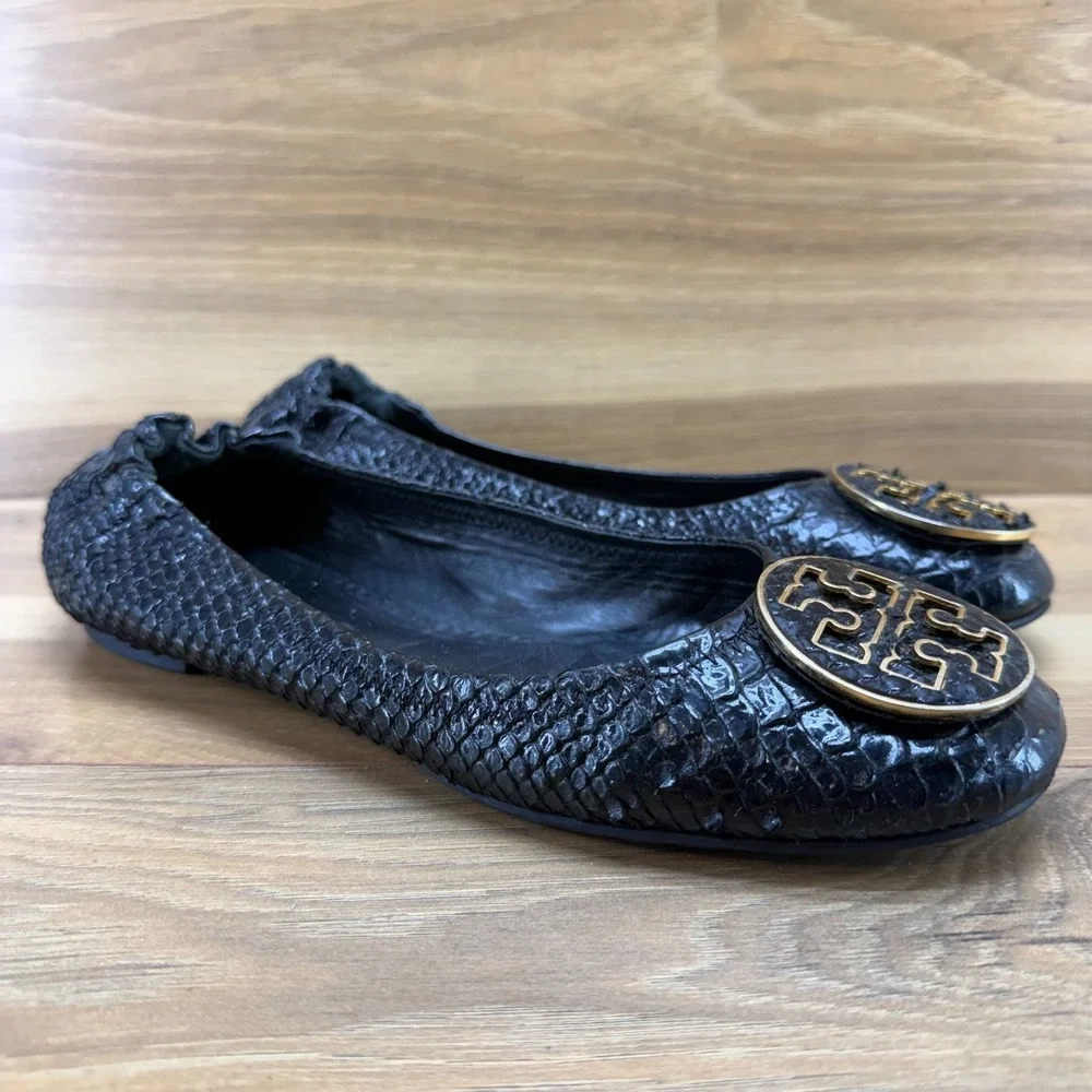 Tory Burch Reva Flats Black Womens 9 M Black Snake Embossed Gold Logo Office
